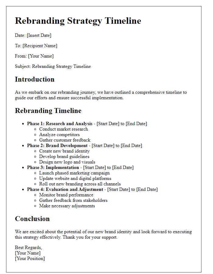 Letter template of rebranding strategy timeline.