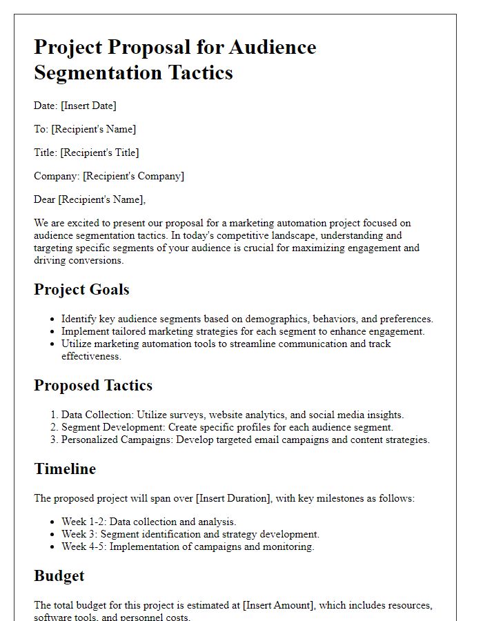 Letter template of marketing automation project proposal for audience segmentation tactics.