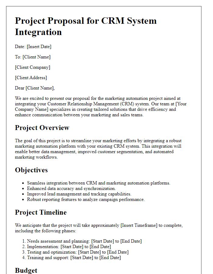 Letter template of marketing automation project proposal for CRM system integration.