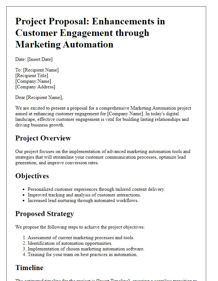 Letter template of marketing automation project proposal for customer engagement enhancements.