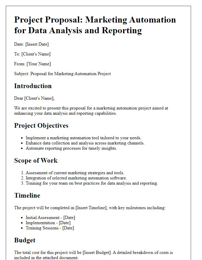 Letter template of marketing automation project proposal for data analysis and reporting.