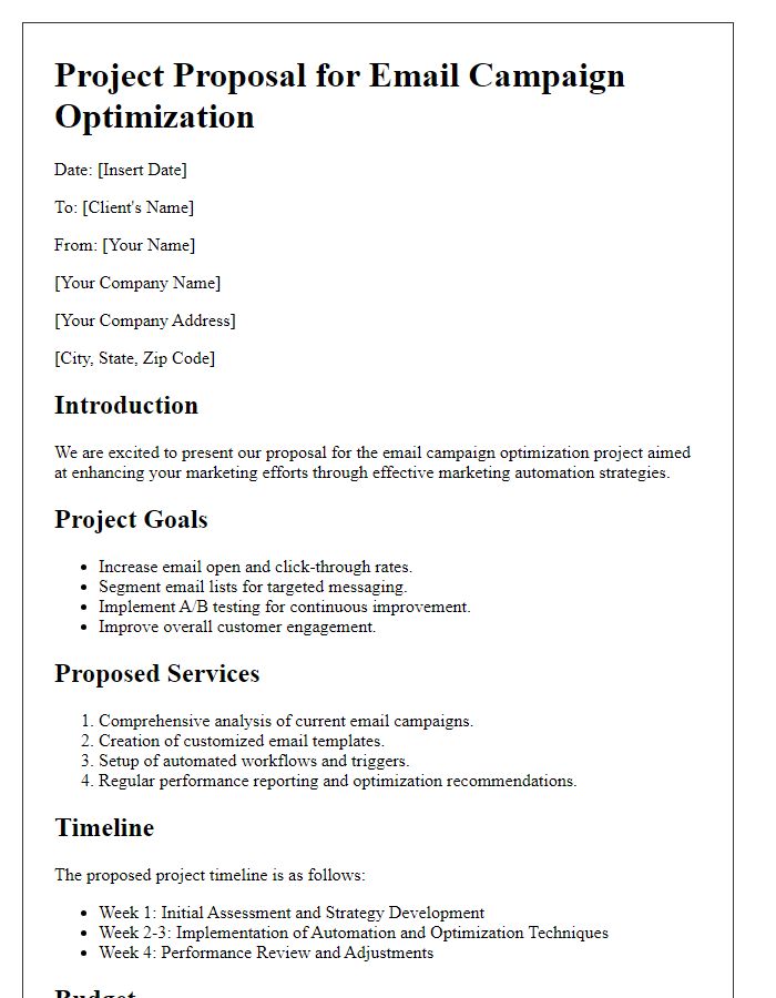 Letter template of marketing automation project proposal for email campaign optimization.