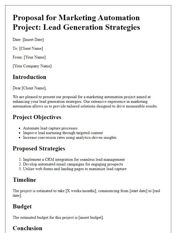 Letter template of marketing automation project proposal for lead generation strategies.