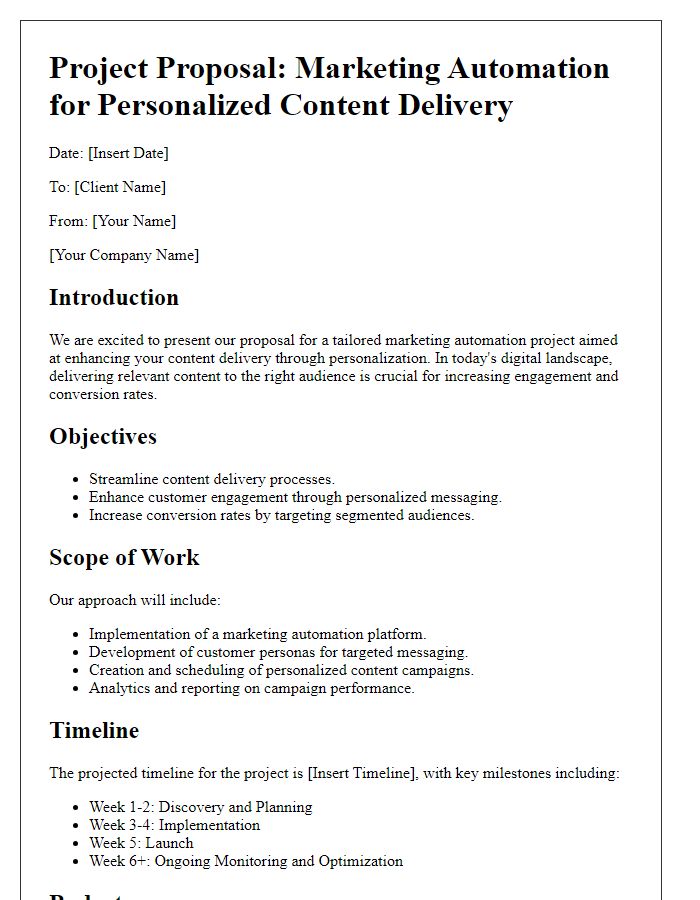 Letter template of marketing automation project proposal for personalized content delivery.