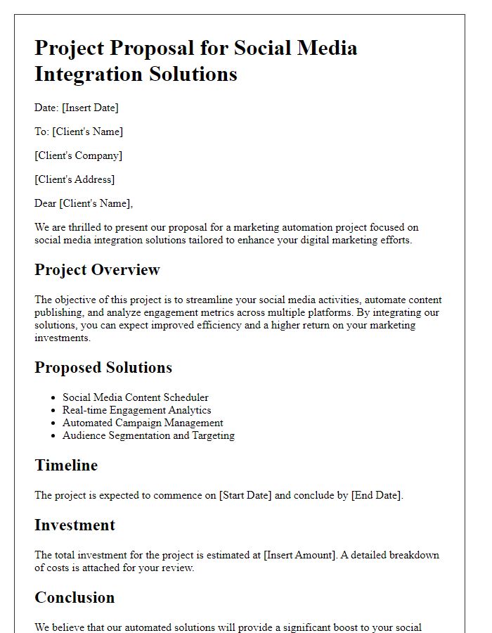 Letter template of marketing automation project proposal for social media integration solutions.