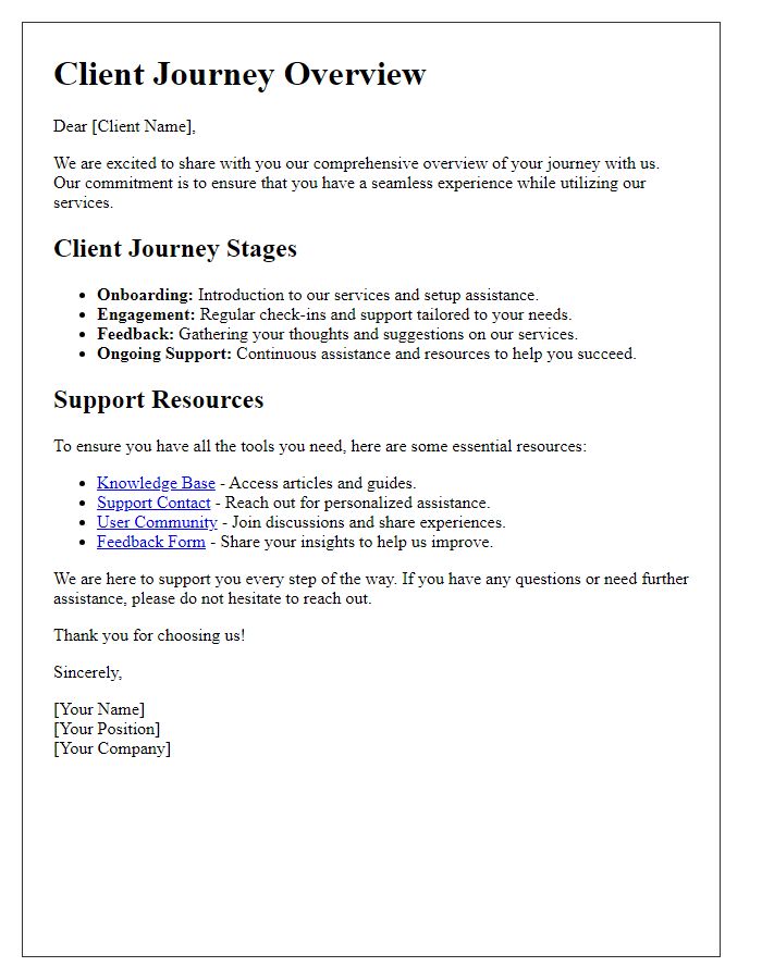 Letter template of Client Journey Overview and Support Resources