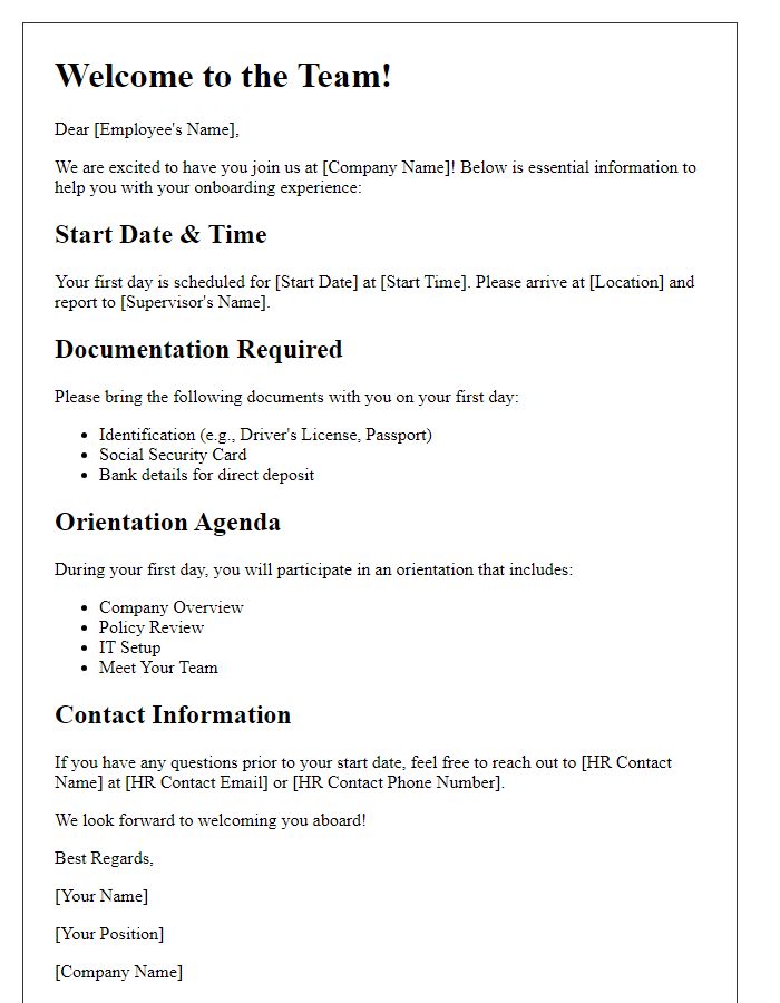 Letter template of Essential Information for Your Onboarding Experience