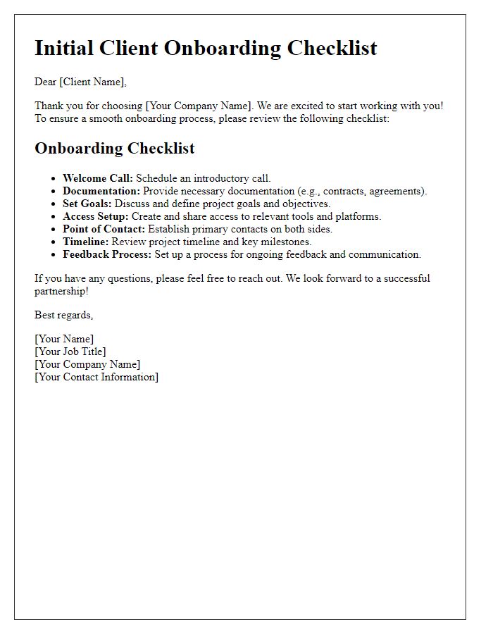 Letter template of Initial Client Onboarding Checklist