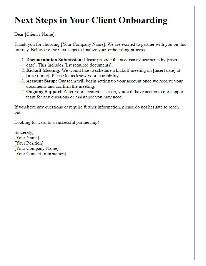 Letter template of Next Steps in Your Client Onboarding