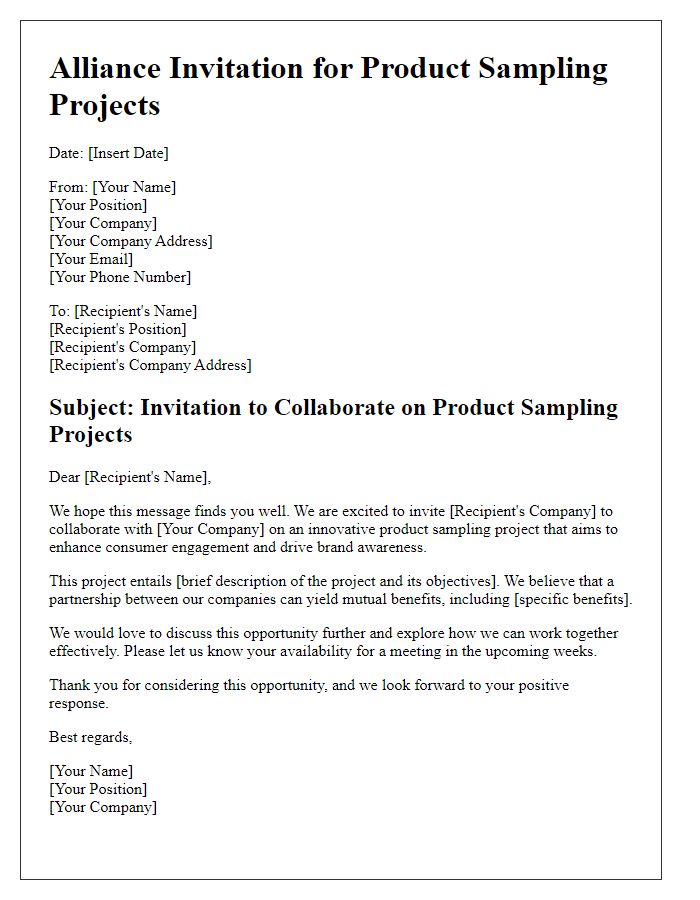 Letter template of alliance invitation for product sampling projects.