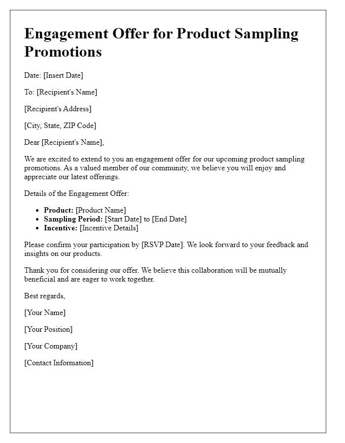 Letter template of engagement offer for product sampling promotions.