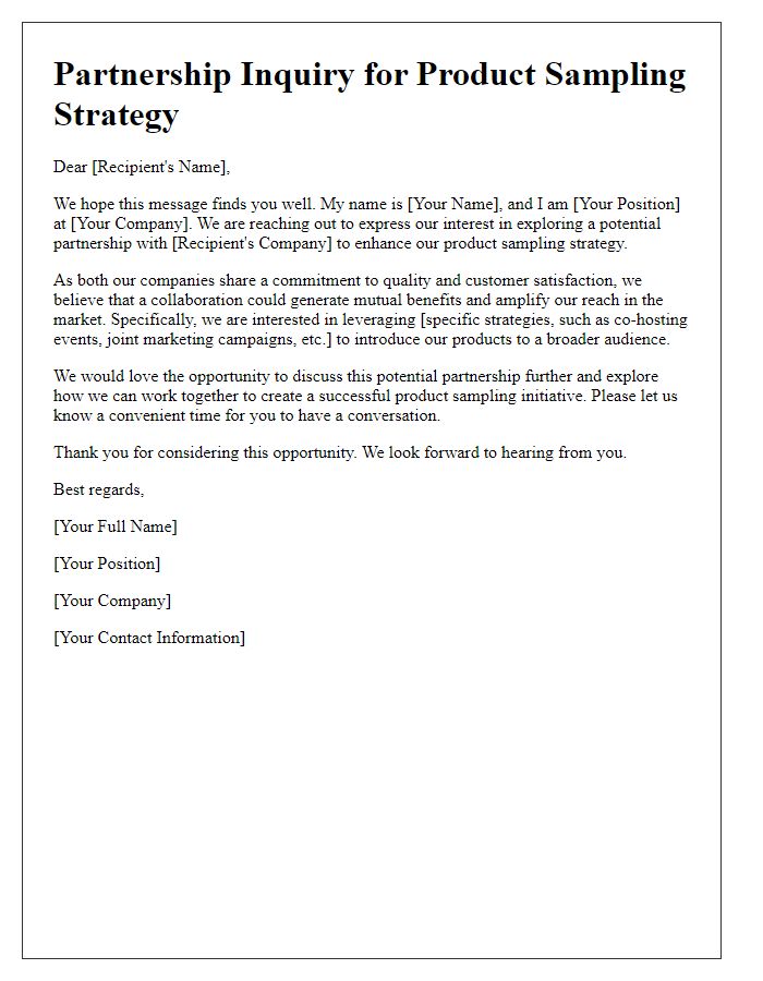 Letter template of interest in partnering for product sampling strategy.