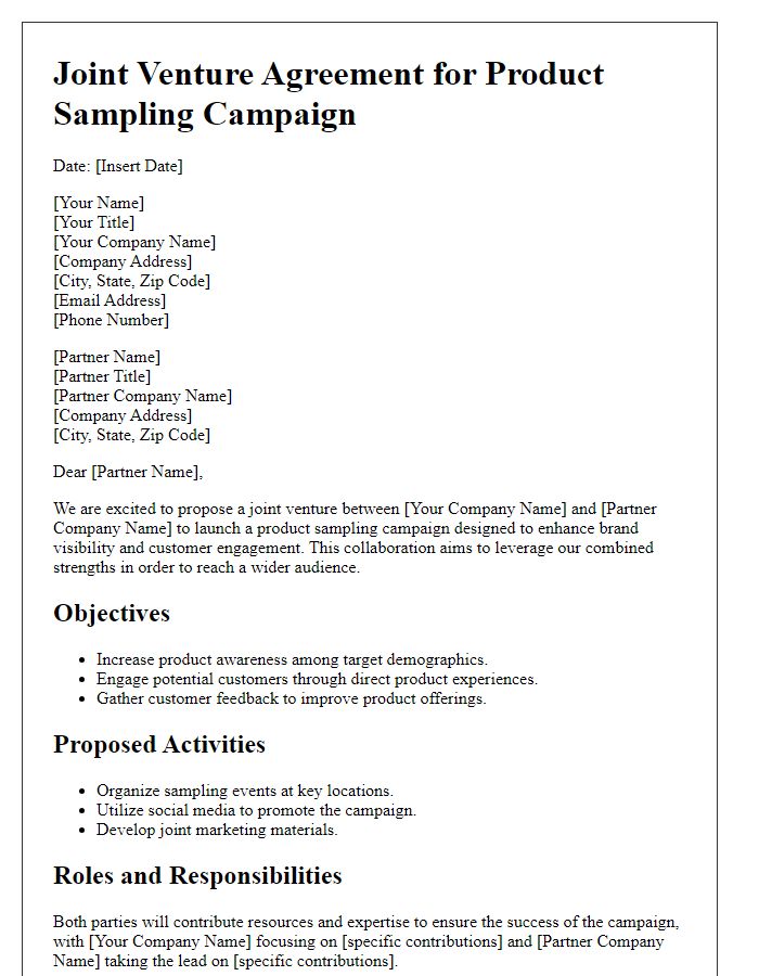 Letter template of joint venture for product sampling campaign.