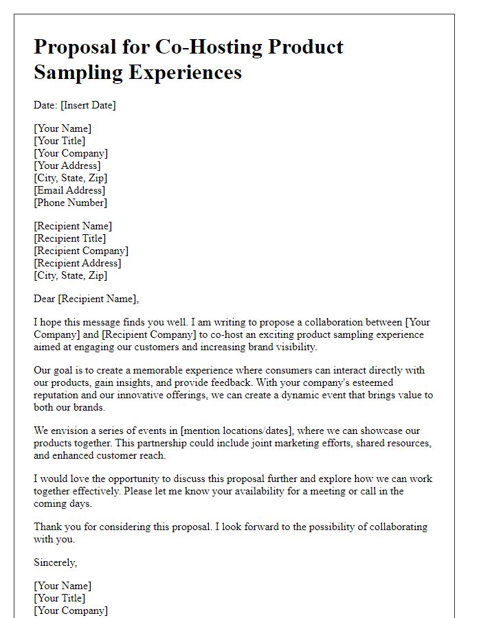 Letter template of proposal for co-hosting product sampling experiences.