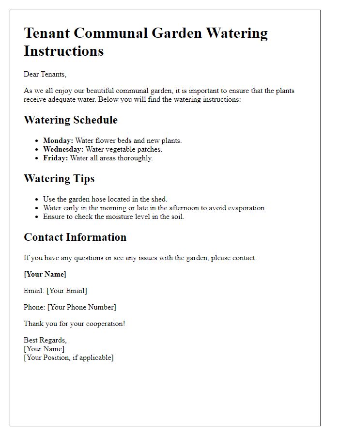 Letter template of tenant communal garden watering instructions