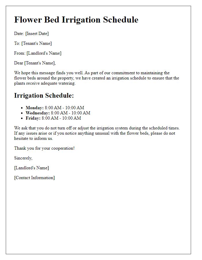 Letter template of tenant flower bed irrigation schedule