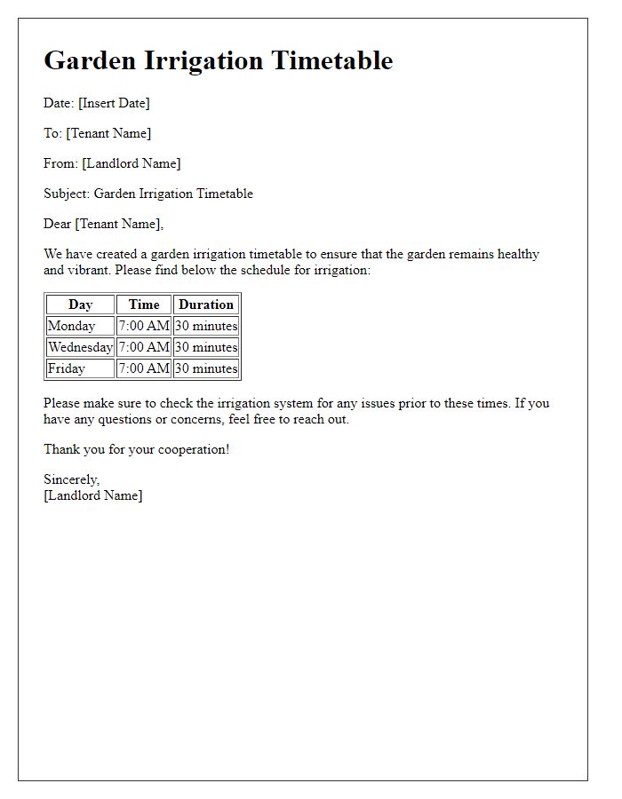 Letter template of tenant garden irrigation timetable