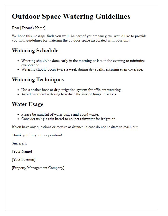 Letter template of tenant outdoor space watering guidelines