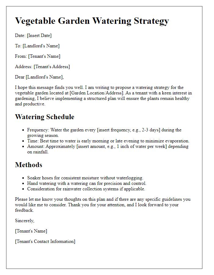 Letter template of tenant vegetable garden watering strategy