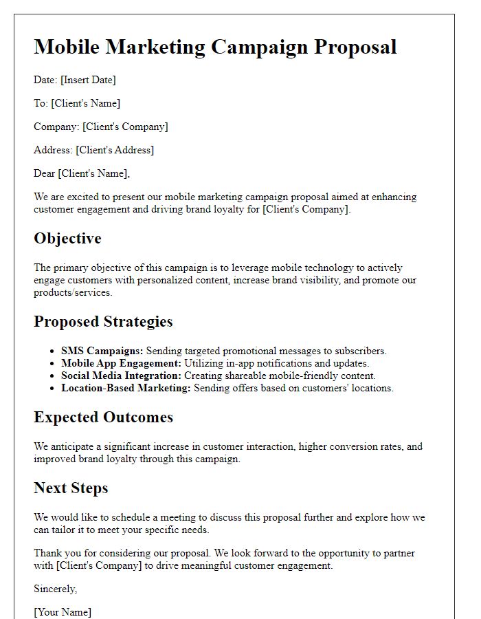 Letter template of mobile marketing campaign proposal aimed at enhancing customer engagement