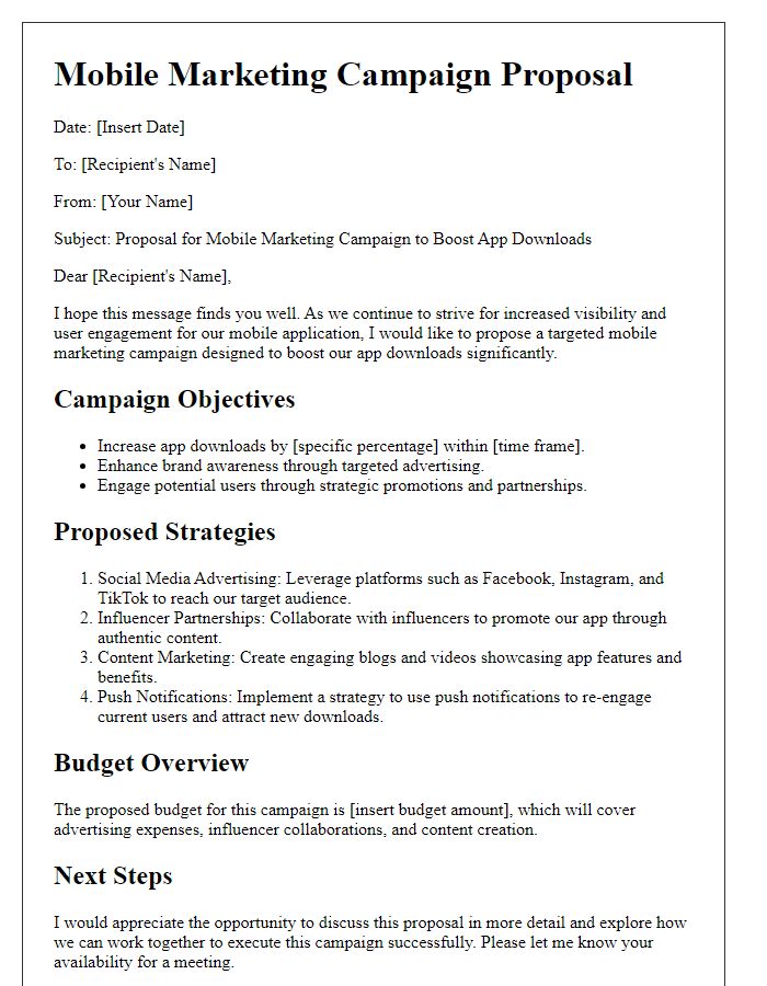 Letter template of mobile marketing campaign proposal to boost app downloads