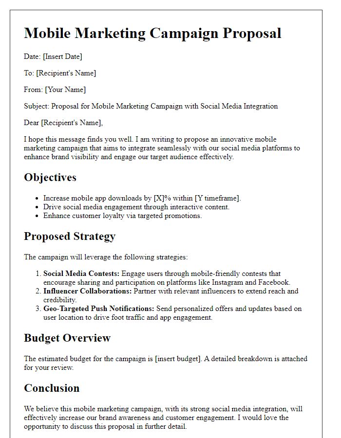 Letter template of mobile marketing campaign proposal focusing on social media integration