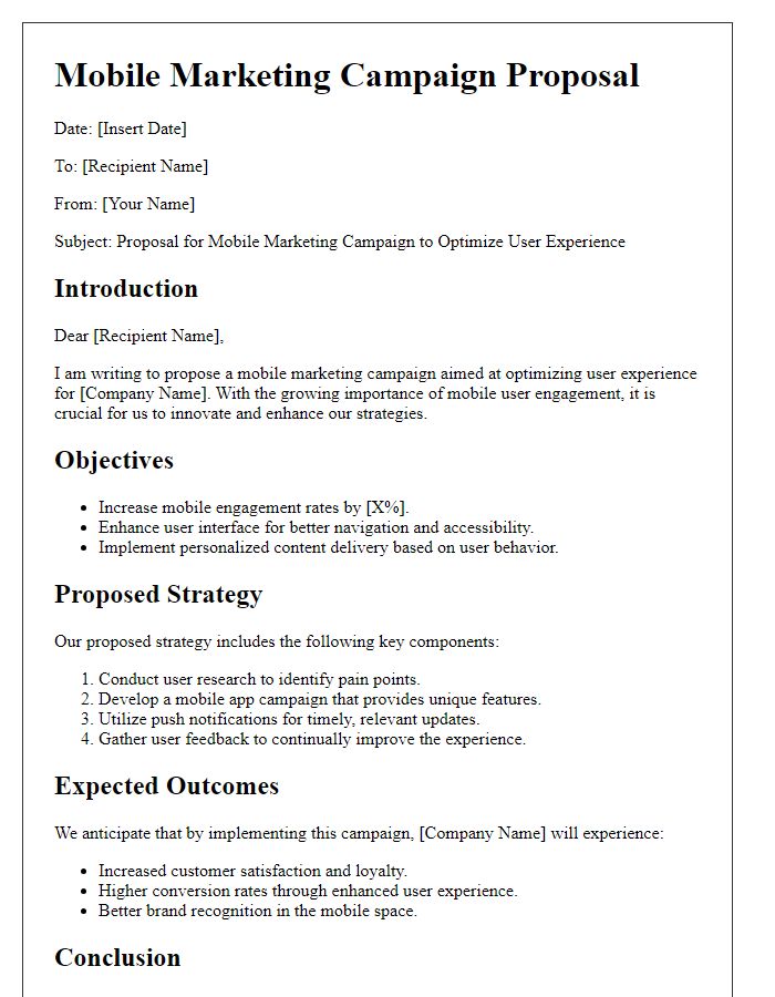 Letter template of mobile marketing campaign proposal to optimize user experience