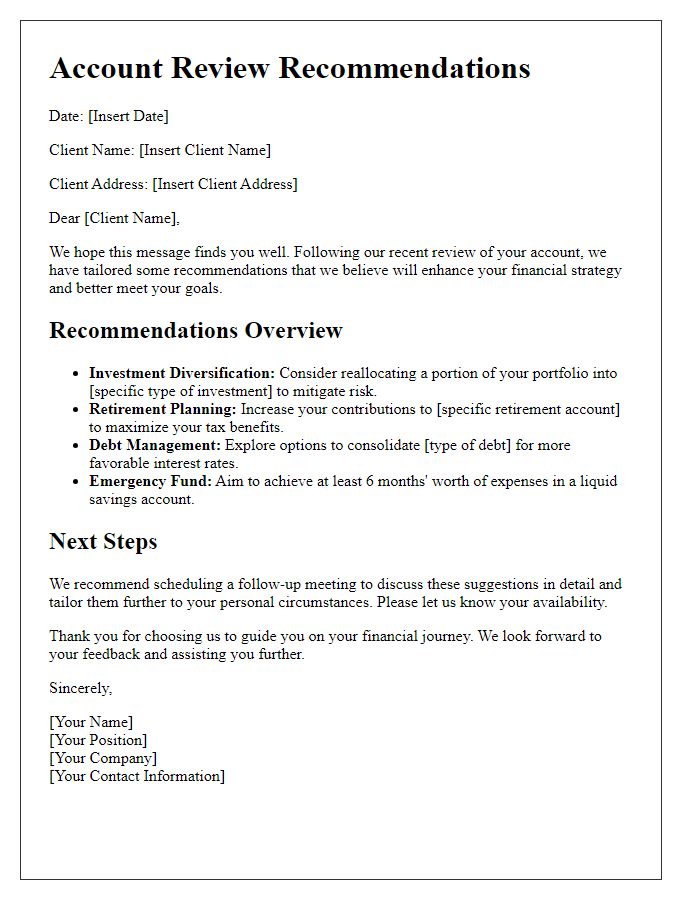 Letter template of tailored account review recommendations