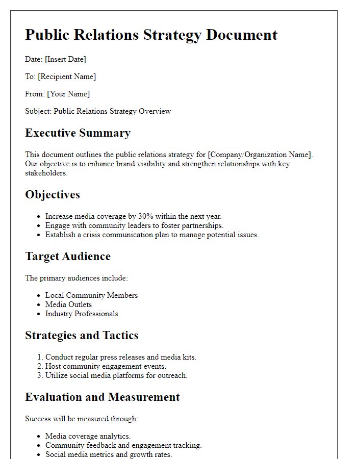 Letter template of public relations strategy document