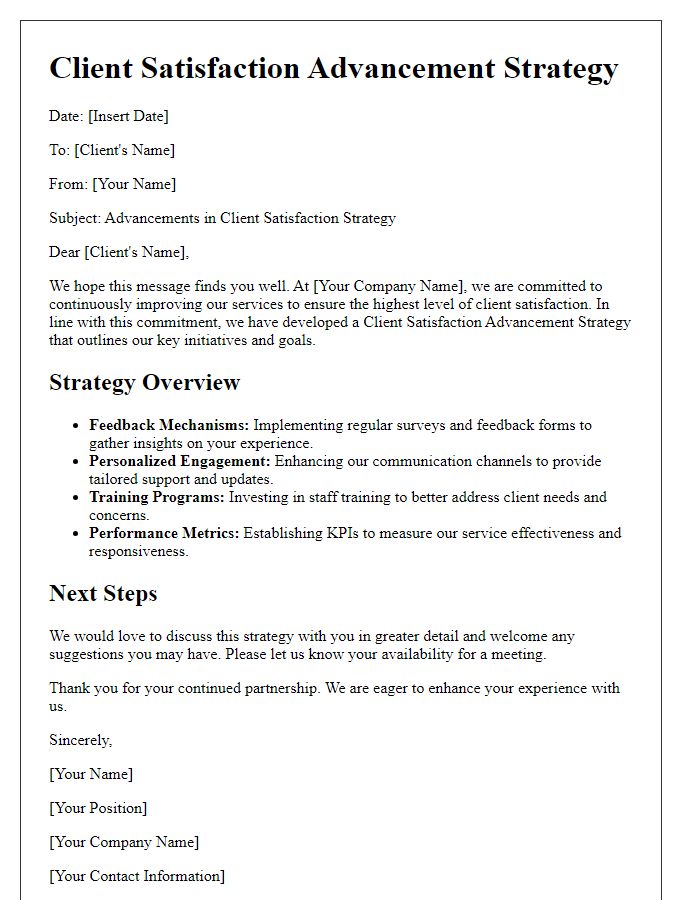 Letter template of client satisfaction advancement strategy