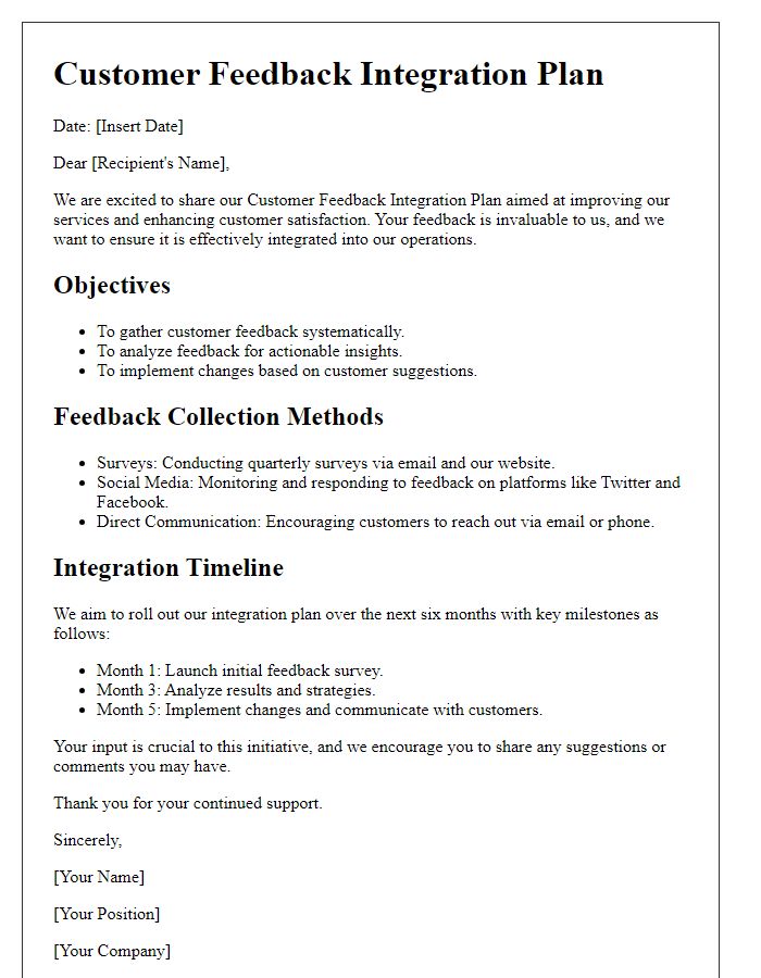 Letter template of customer feedback integration plan