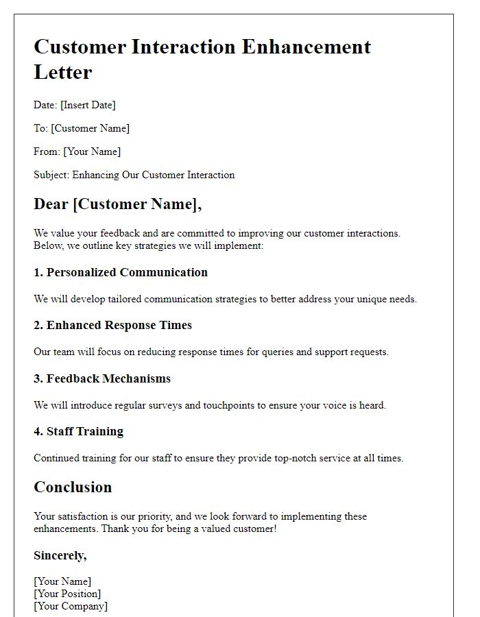 Letter template of customer interaction enhancement outline