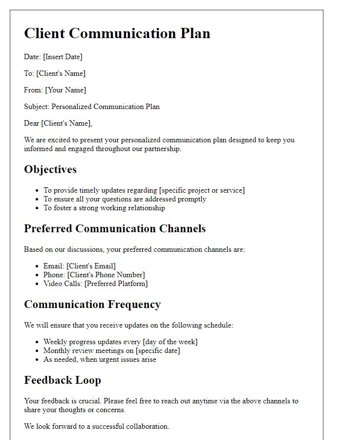 Letter template of personalized client communication plan