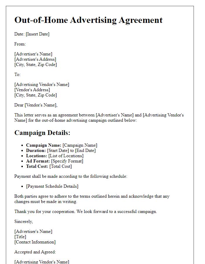 Letter template of agreement for out-of-home advertising campaign