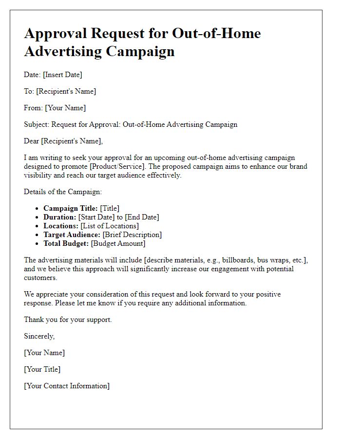 Letter template of approval request for out-of-home advertising campaign