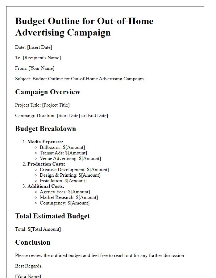 Letter template of budget outline for out-of-home advertising campaign