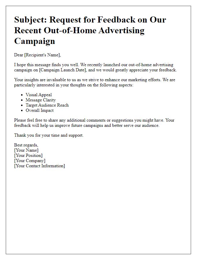 Letter template of feedback request for out-of-home advertising campaign