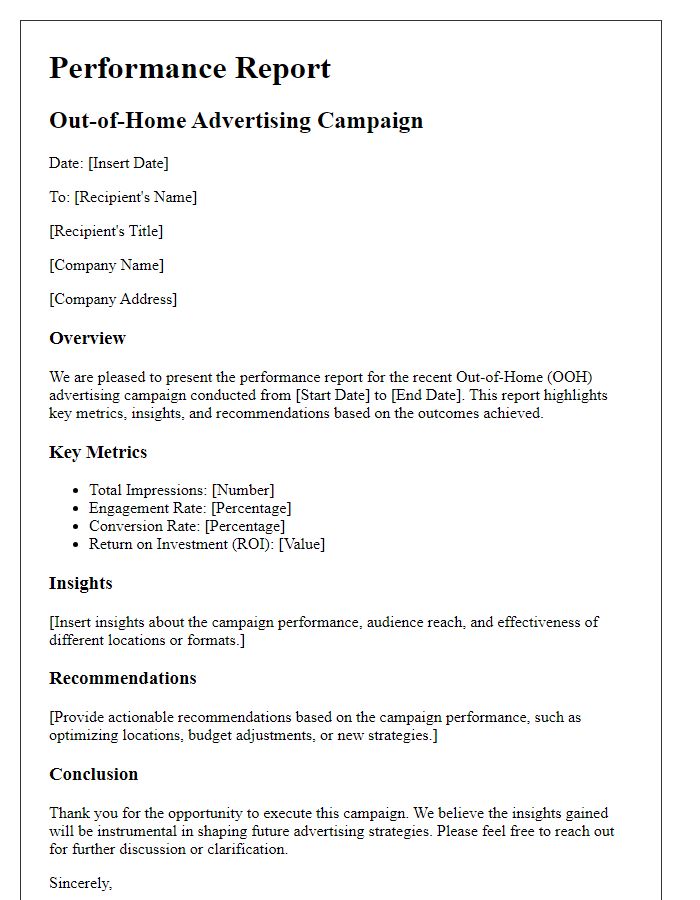 Letter template of performance report for out-of-home advertising campaign