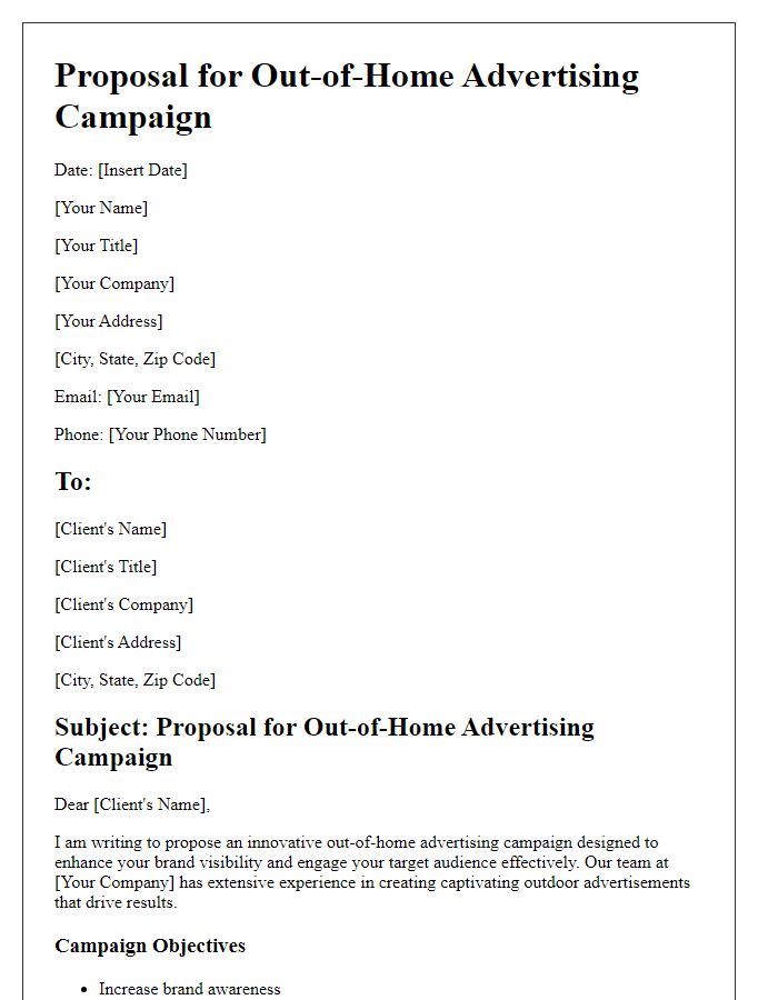 Letter template of proposal for out-of-home advertising campaign