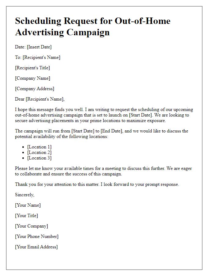 Letter template of scheduling request for out-of-home advertising campaign