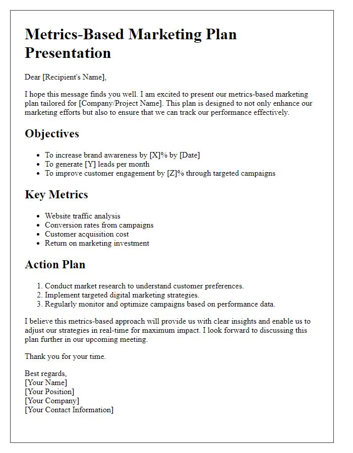 Letter template of metrics-based marketing plan presentation