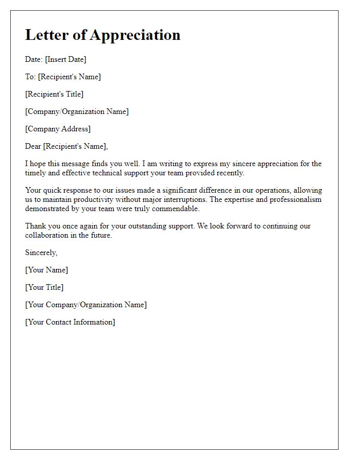 Letter template of appreciation for timely technical support response