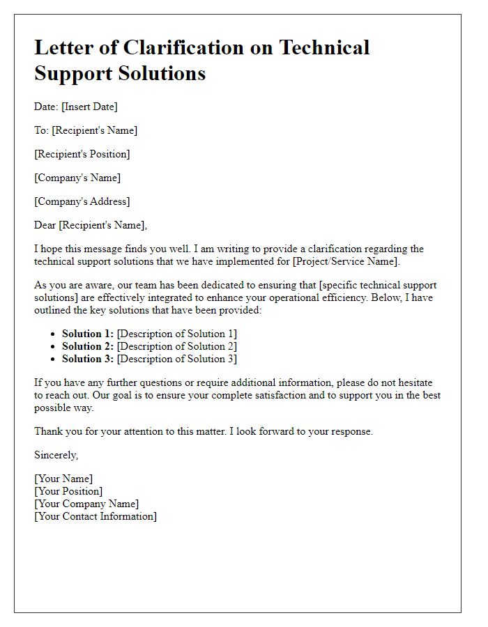 Letter template of clarification on technical support solutions provided