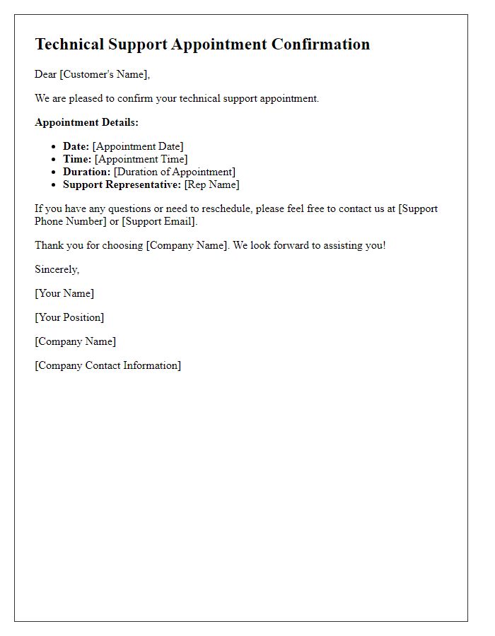 Letter template of confirmation for technical support appointment