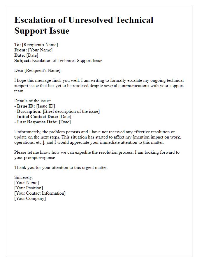 Letter template of escalation for unresolved technical support issue