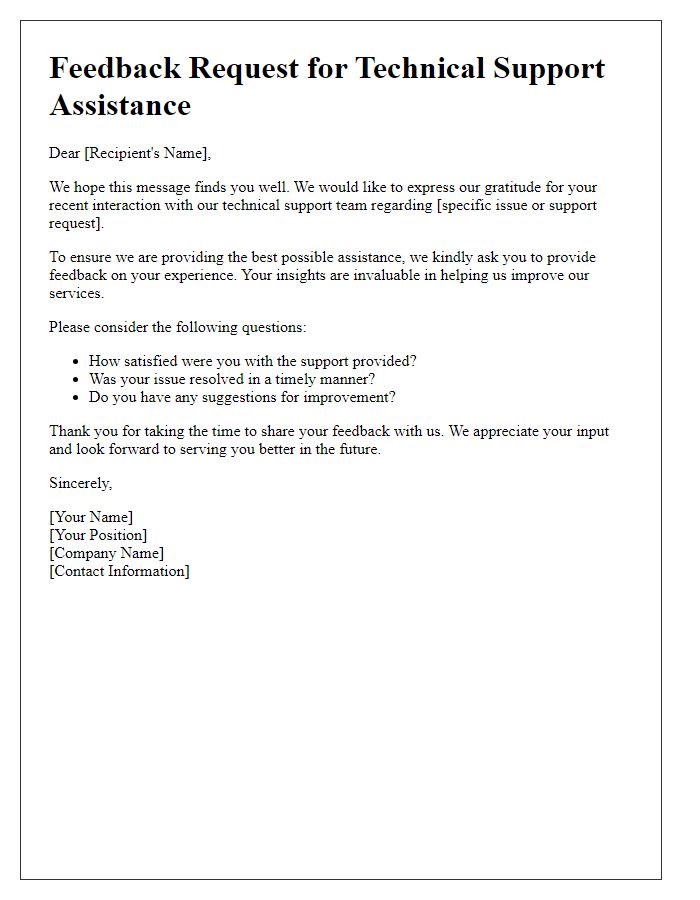 Letter template of feedback request for technical support assistance