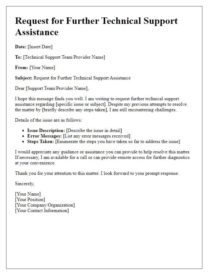 Letter template of request for further technical support assistance