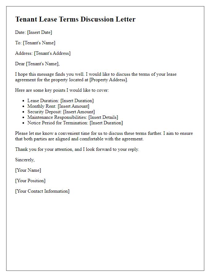 Letter template of tenant lease terms discussion