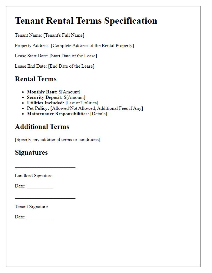 Letter template of tenant rental terms specification