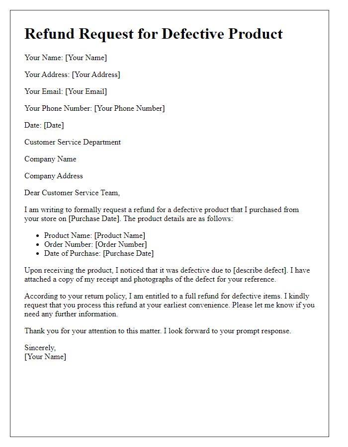 Letter template of refund request for defective product.